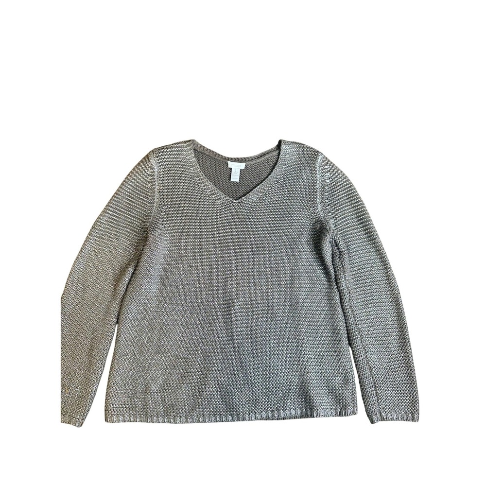 Chico's Women Brown Metallic Classic V-Neck Cotton‎ Knit Sweater Size Medium